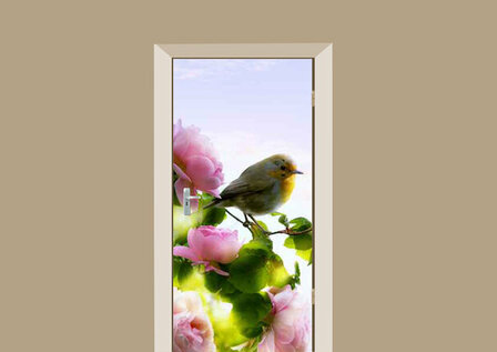 Coupon: Deursticker Pioenroos en Vogel Glanzend (100x200 cm)